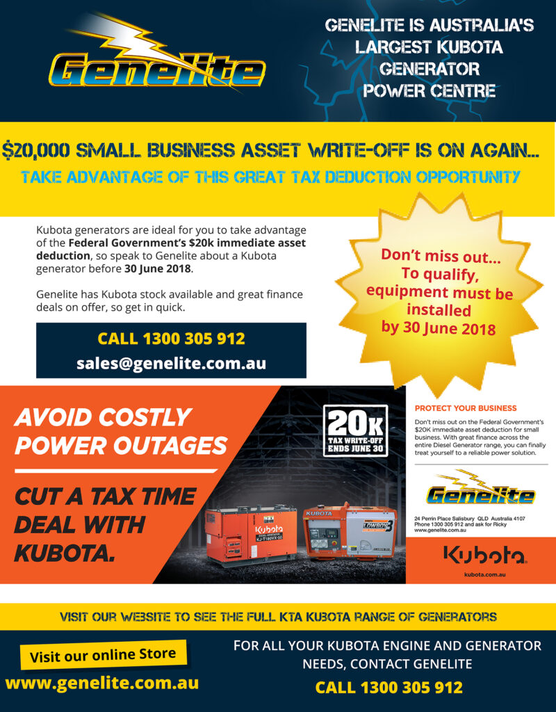 Take advantage of the government's $20k asset write off - get a Kubota before 30 June 2018 from Genelite